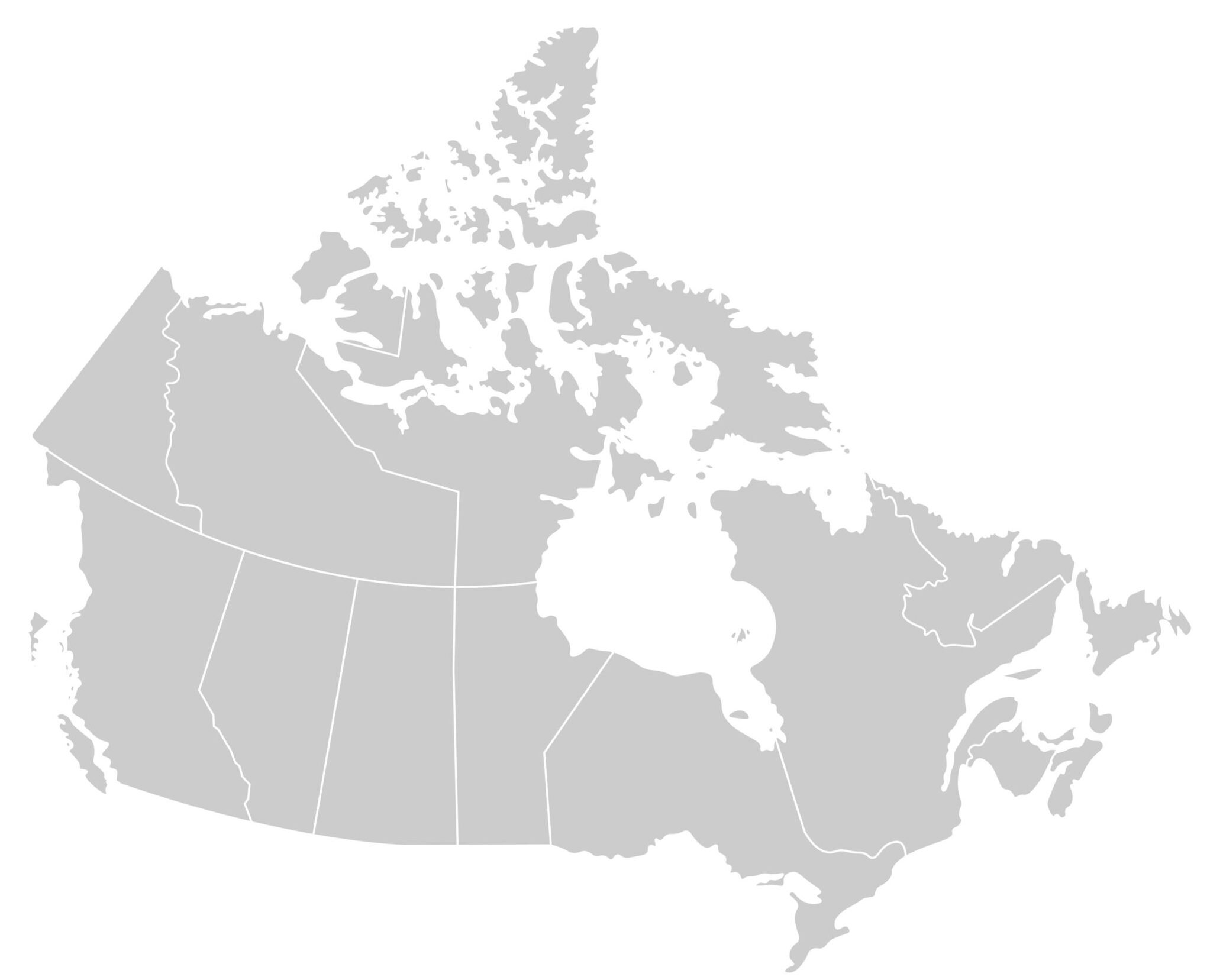 Vector isolated illustration of simplified administrative map of Canada. Borders of the provinces (regions). Grey silhouettes. White outline.
